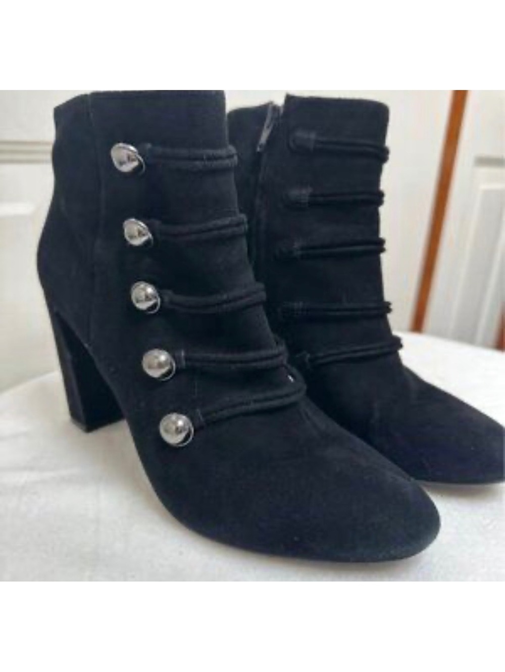 Banana Republic Black Suede Leather Button Embellished Zip-Up Ankle Booties with